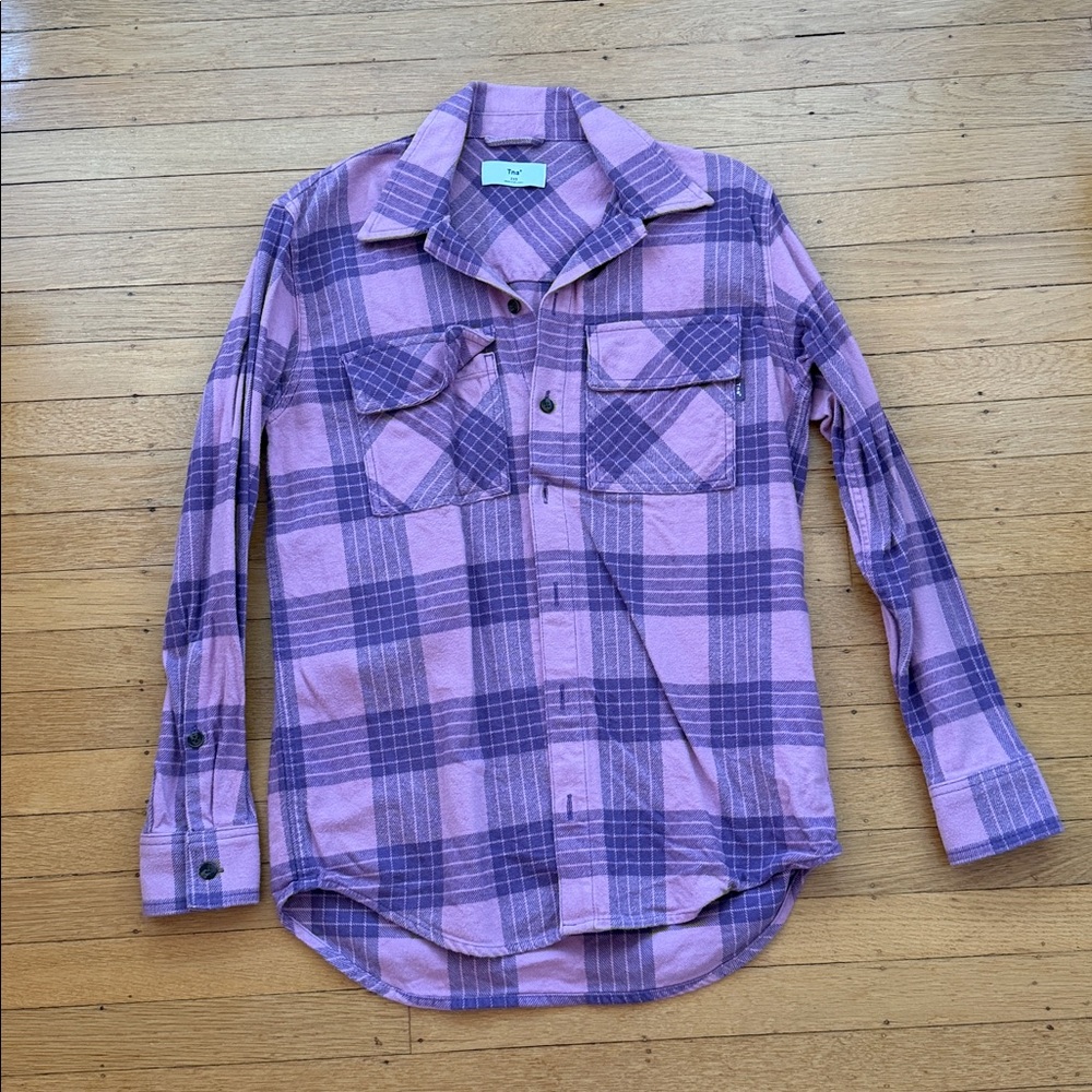 Aritzia TNA Pink and Purple Plaid Flannel Shirt